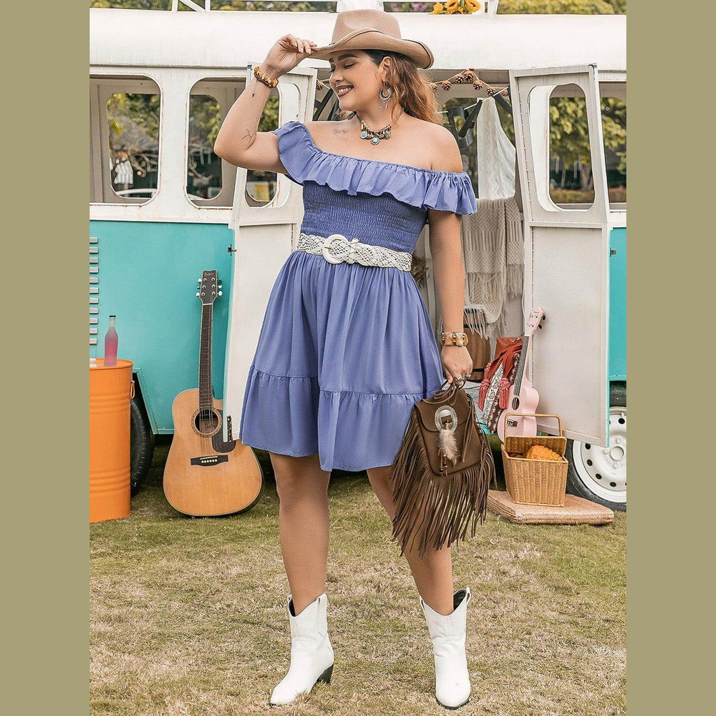 Plus Size Ruffled Smocked Off-Shoulder Mini Dress - VacationGrabs