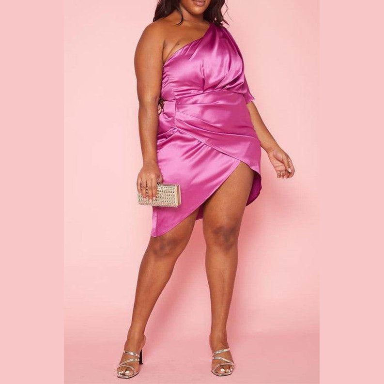 Qwasabee plus size satin mini dress in pink with a stylish one-shoulder design and wrap detail