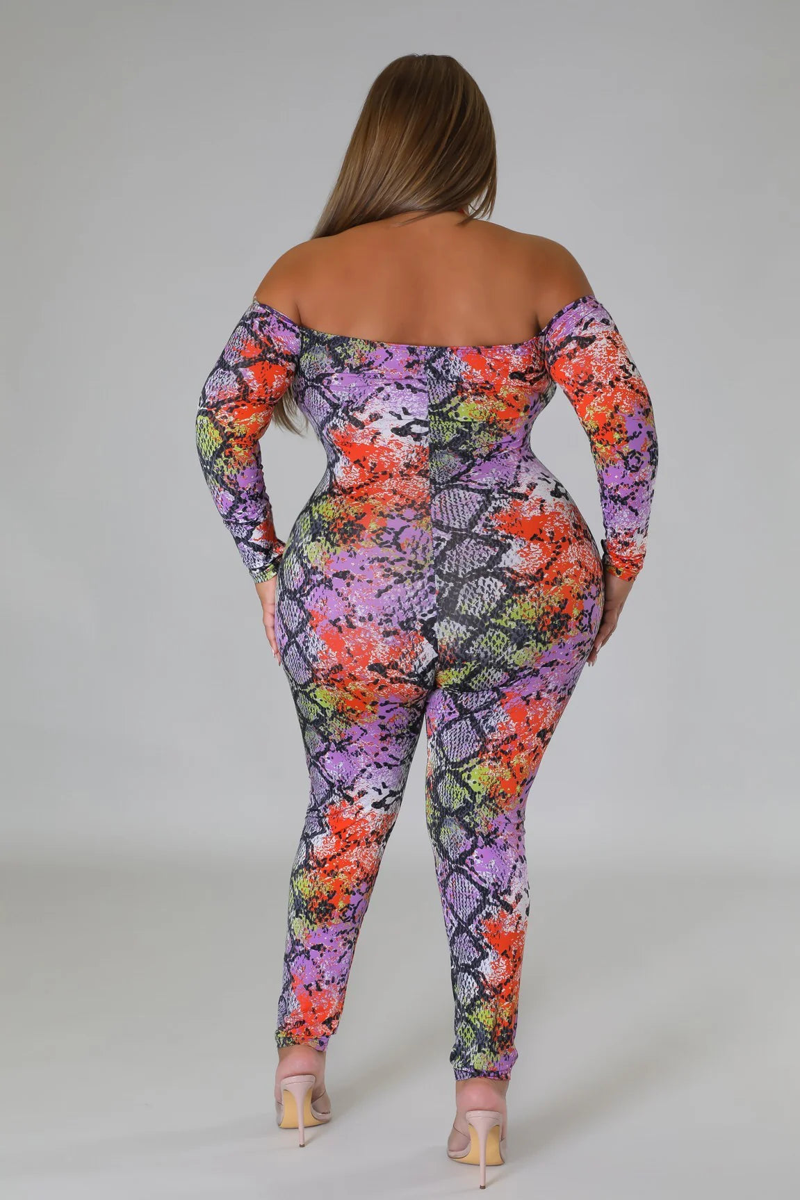 VacationGrabs plus size snake print jumpsuit with off shoulder design and colorful pattern