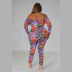 VacationGrabs plus size snake print jumpsuit with off shoulder design and colorful pattern