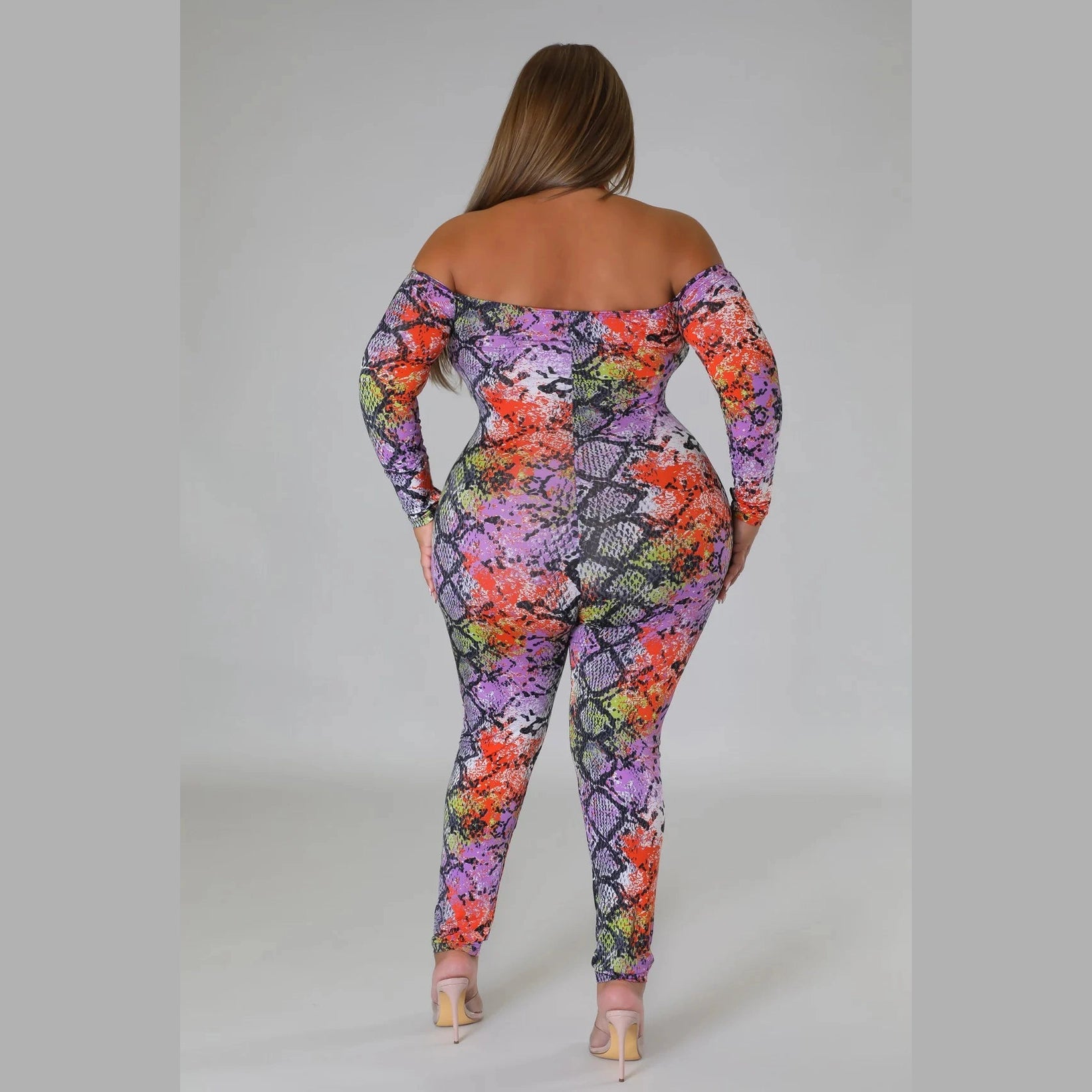VacationGrabs plus size snake print jumpsuit with off shoulder design and colorful pattern
