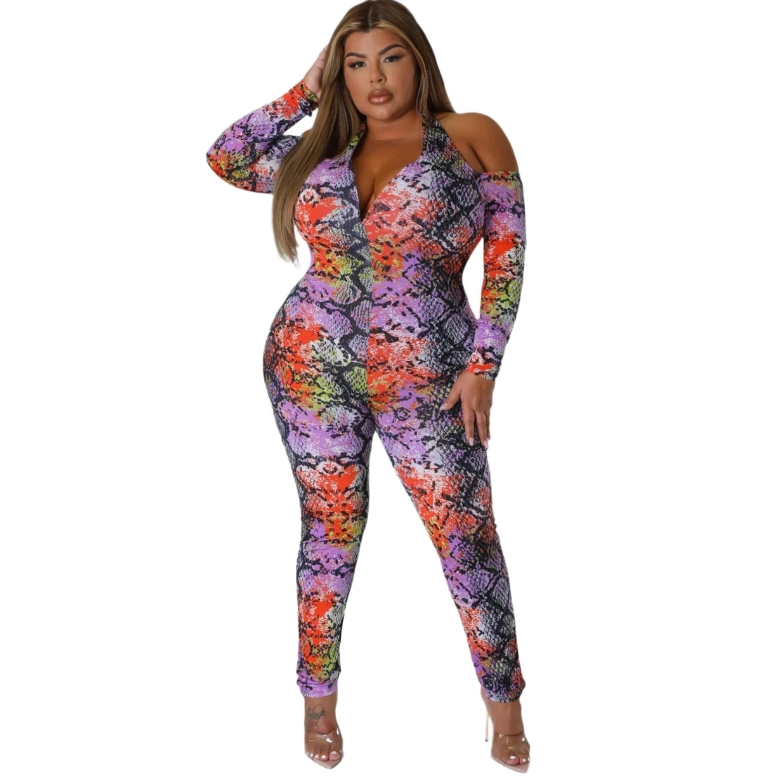 VacationGrabs plus size snake print jumpsuit with cold shoulder design and vibrant multicolor pattern