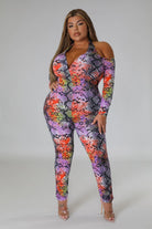 VacationGrabs plus size snake print jumpsuit with cold shoulder and vibrant multicolor design