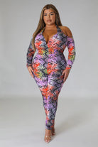 VacationGrabs plus size snake print jumpsuit with halter neck and cold shoulder design