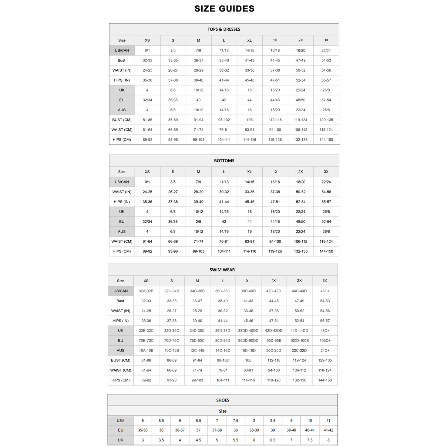 VacationGrabs size guide chart for women's plus size snake print jumpsuit and other apparel sizes