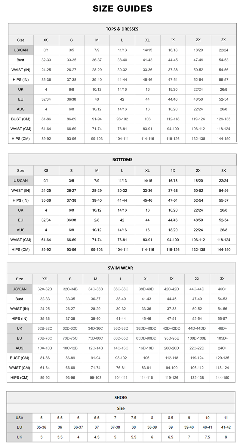 VacationGrabs size guide chart for women's plus size snake print jumpsuit and other apparel sizes