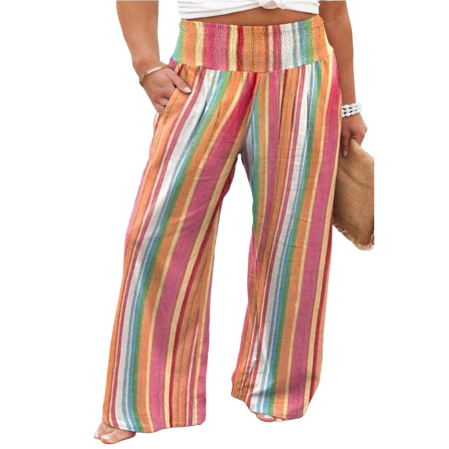 Plus Size Striped Wide Leg Pants - VacationGrabs