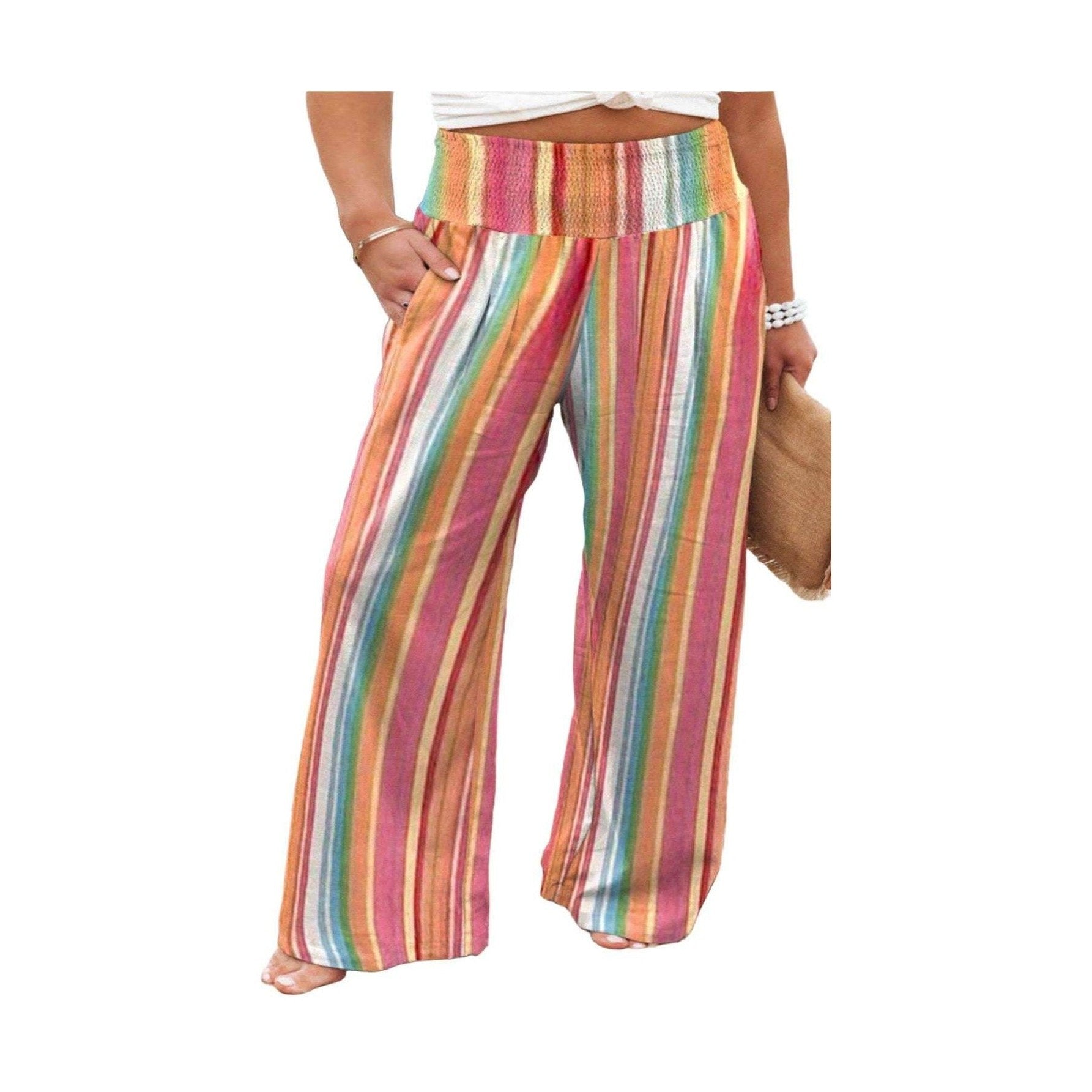 Plus Size Striped Wide Leg Pants - VacationGrabs