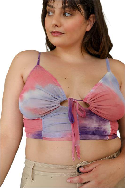 Plus Size Tie Dye Mesh Keyhole Front Brami Top - VacationGrabs