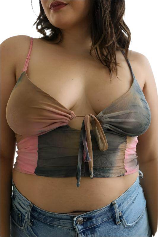 Plus Size Tie Dye Mesh Keyhole Front Brami Top - VacationGrabs