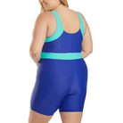 Back view of a blue and teal VacationGrabs plus size unitard for water aerobics designed for comfort and mobility