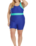 VacationGrabs plus size unitard for water aerobics in blue with teal accents for comfortable activity