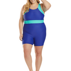 VacationGrabs plus size unitard for water aerobics in blue with teal accents for comfortable activity