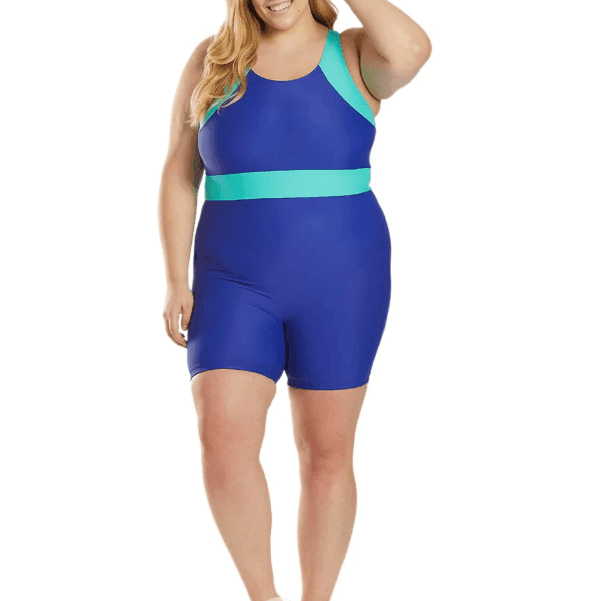VacationGrabs plus size unitard for water aerobics in blue with teal accents for comfortable activity