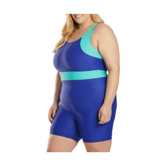 VacationGrabs plus size unitard for water aerobics in blue and teal with a comfortable fit