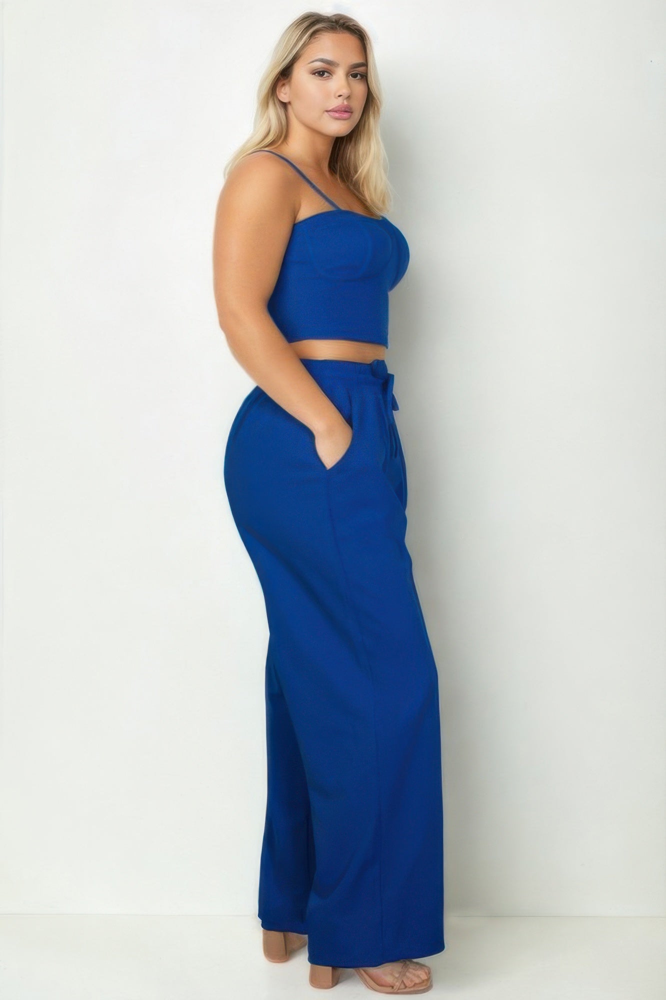 Blue Plus Size Vacation Outfits for Women featuring a crop top and wide-leg pants