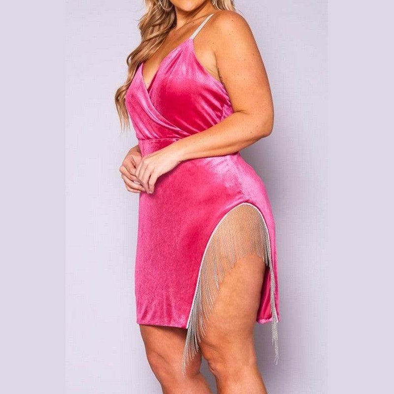 Qwasabee plus size velvet mini dress in pink with stylish fringe detailing for a chic look
