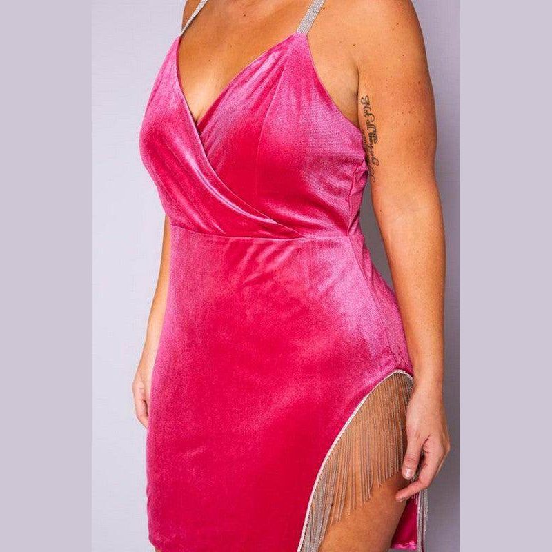 Qwasabee plus size velvet mini dress in pink with sparkling straps and fringe detailing