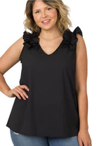 ZENANA plus size wool ruffle top in black with stylish ruffle details on shoulders