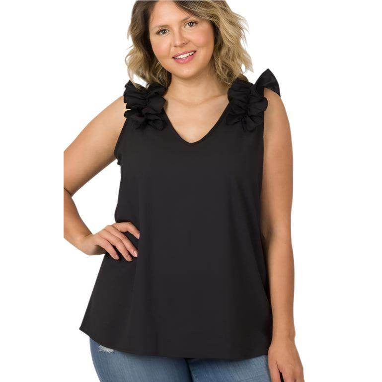 ZENANA plus size wool ruffle top in black with stylish ruffle details on shoulders
