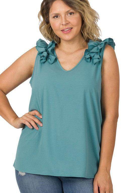 ZENANA plus size wool ruffle top in teal featuring ruffled shoulder details and a relaxed fit