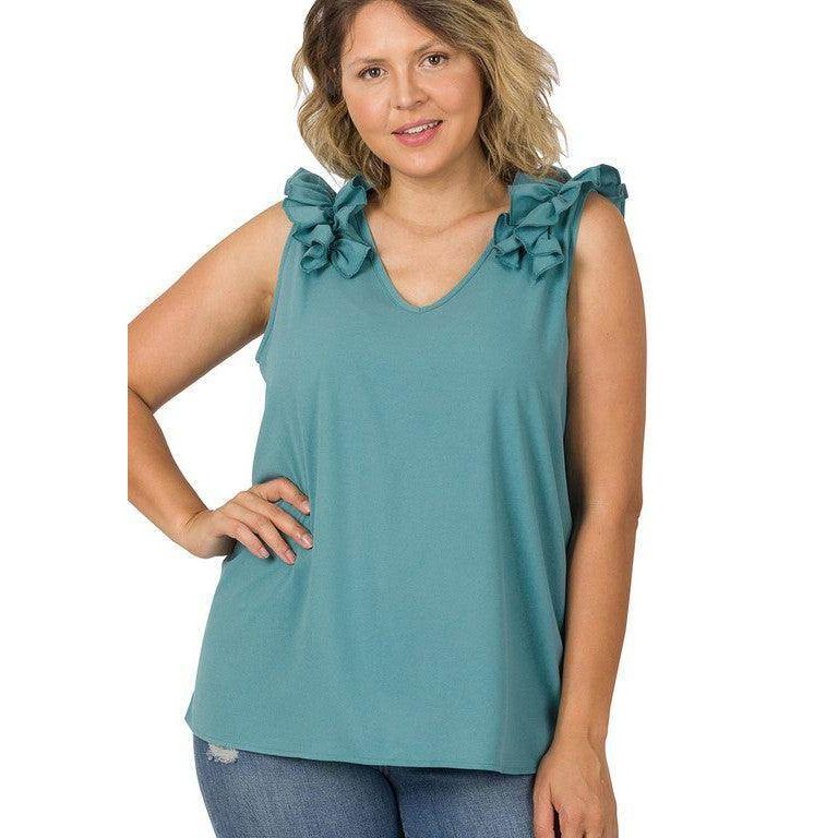 ZENANA plus size wool ruffle top in teal featuring ruffled shoulder details and a relaxed fit