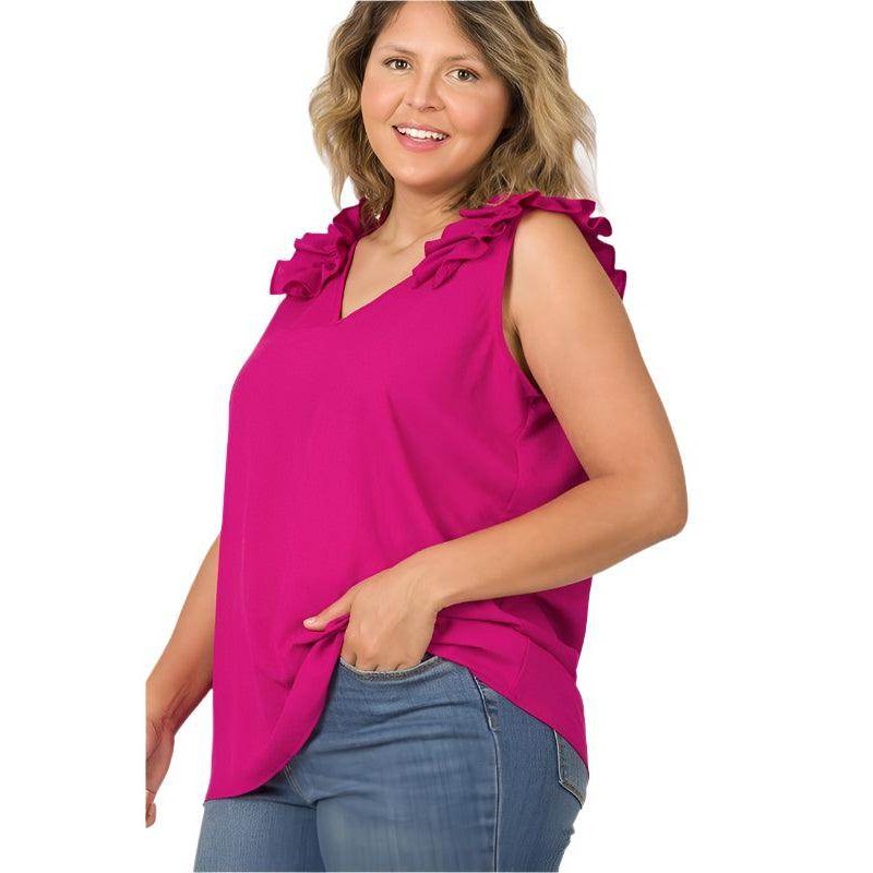Plus size wool ruffle top in vibrant pink with stylish ruffled sleeves for a trendy look
