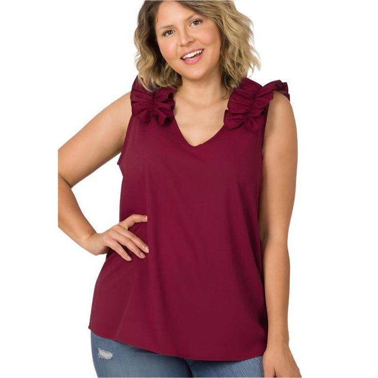 ZENANA plus size wool ruffle top in burgundy with stylish ruffle details on the shoulders