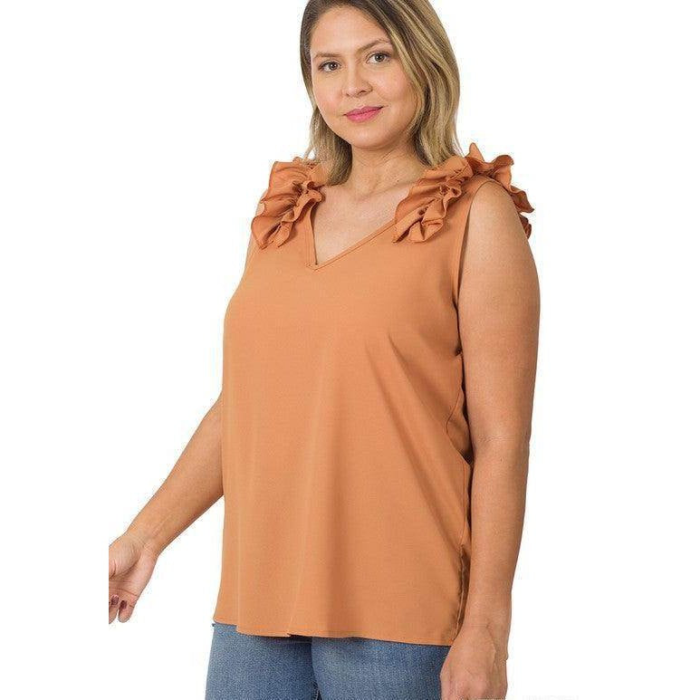 ZENANA plus size wool ruffle top in rust color with stylish ruffled sleeves