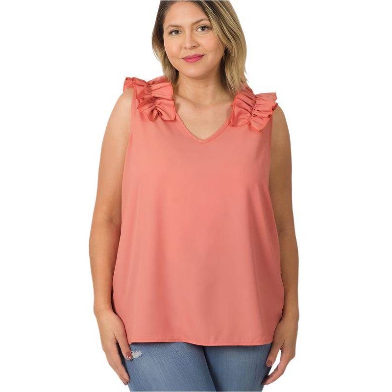 Plus size wool ruffle top in coral with stylish ruffled sleeves for a trendy look