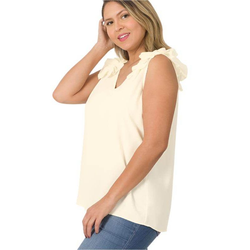ZENANA Plus Size Wool Ruffle Top in Cream with V-Neck and Ruffled Sleeves for Stylish Comfort