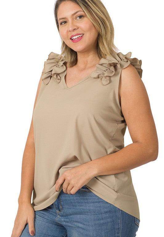 ZENANA plus size wool ruffle top in beige with stylish ruffle sleeves for a chic look