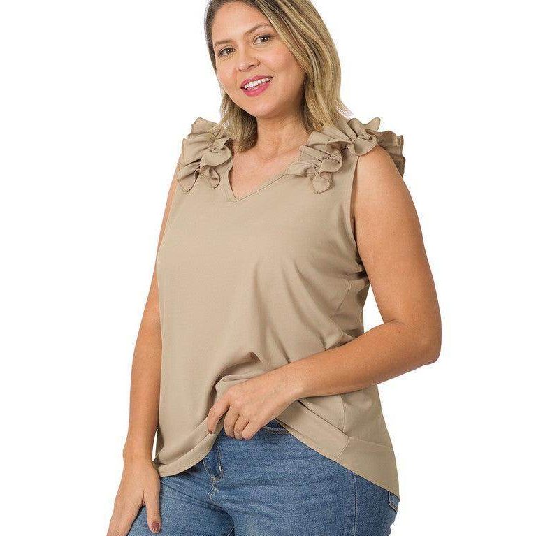 ZENANA plus size wool ruffle top in beige with stylish ruffle sleeves for a chic look