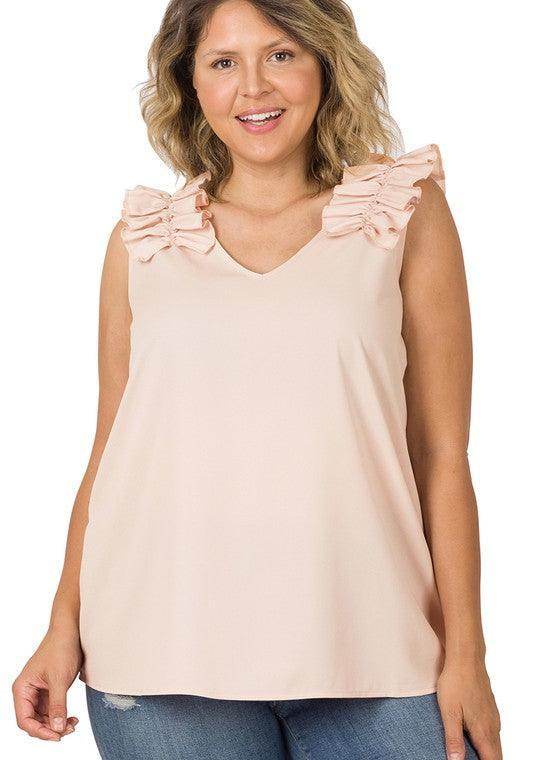 ZENANA Plus Size Wool Ruffle Top in Light Pink with Elegant Ruffle Details