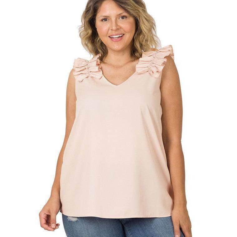 ZENANA Plus Size Wool Ruffle Top in Light Pink with Elegant Ruffle Details