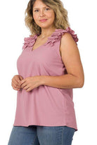 ZENANA Plus Size Wool Ruffle Top in Pink with Ruffled Shoulders for Stylish Comfort