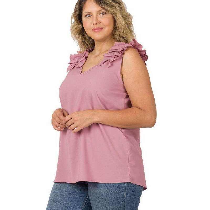 ZENANA Plus Size Wool Ruffle Top in Pink with Ruffled Shoulders for Stylish Comfort