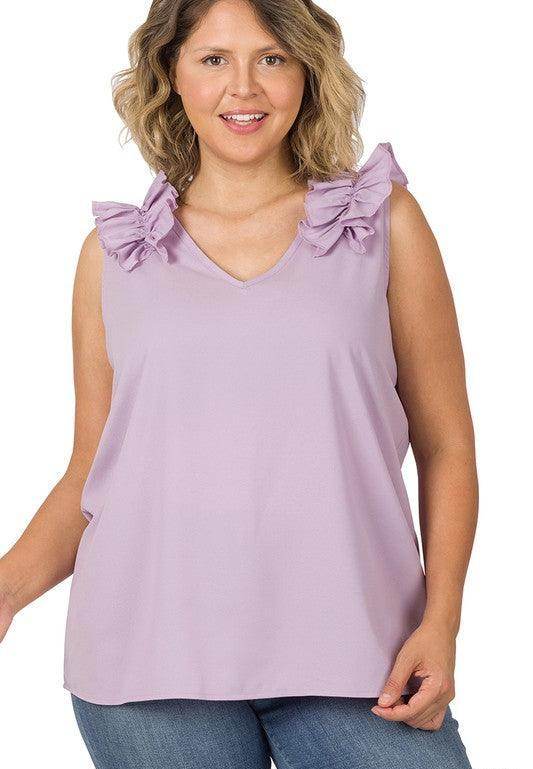 ZENANA plus size wool ruffle top in lavender with stylish ruffled sleeves and a flattering V-neck design
