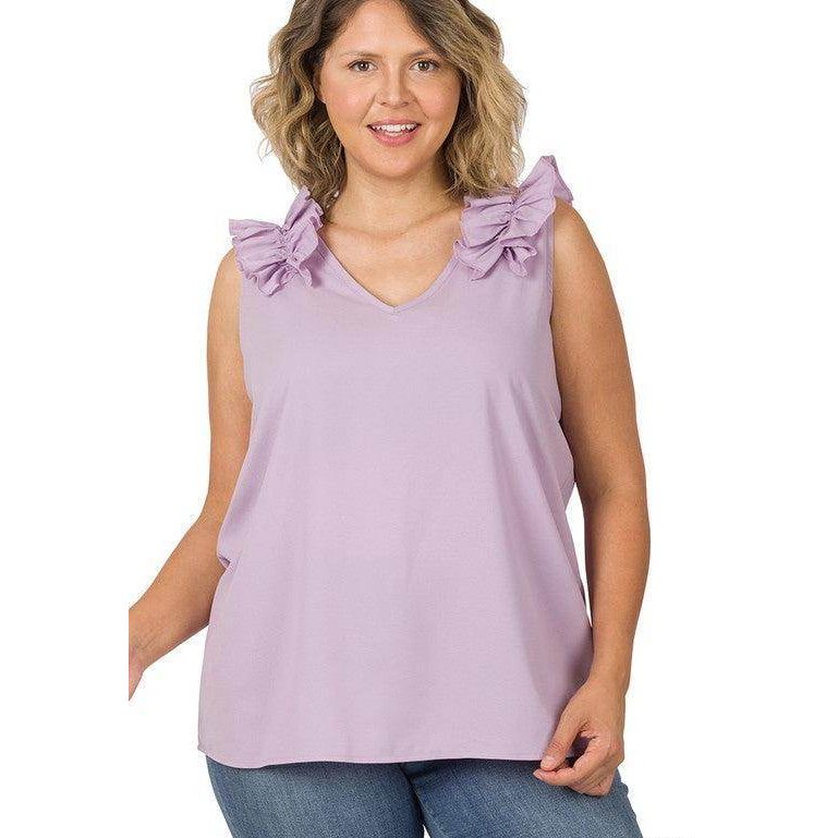 ZENANA plus size wool ruffle top in lavender with stylish ruffled sleeves and a flattering V-neck design