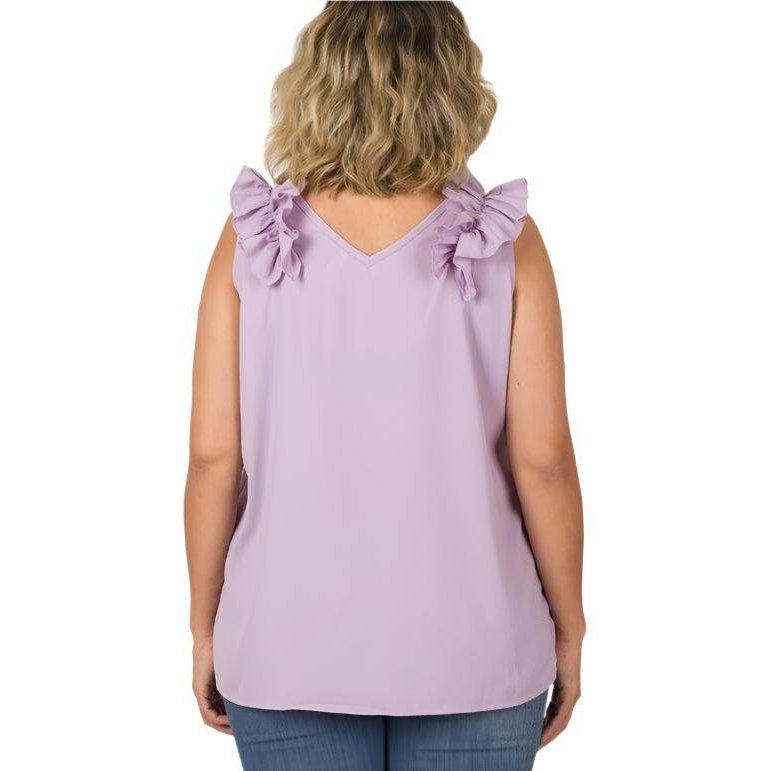 Plus size wool ruffle top in light lavender with stylish ruffle sleeves for a chic outfit