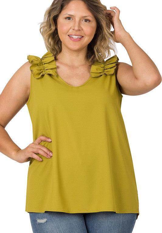 ZENANA plus size wool ruffle top in mustard yellow with ruffled shoulder details for a stylish look