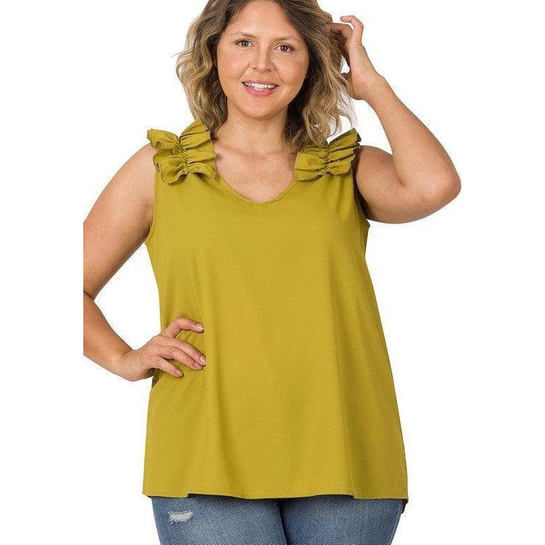 ZENANA plus size wool ruffle top in mustard yellow with ruffled shoulder details for a stylish look