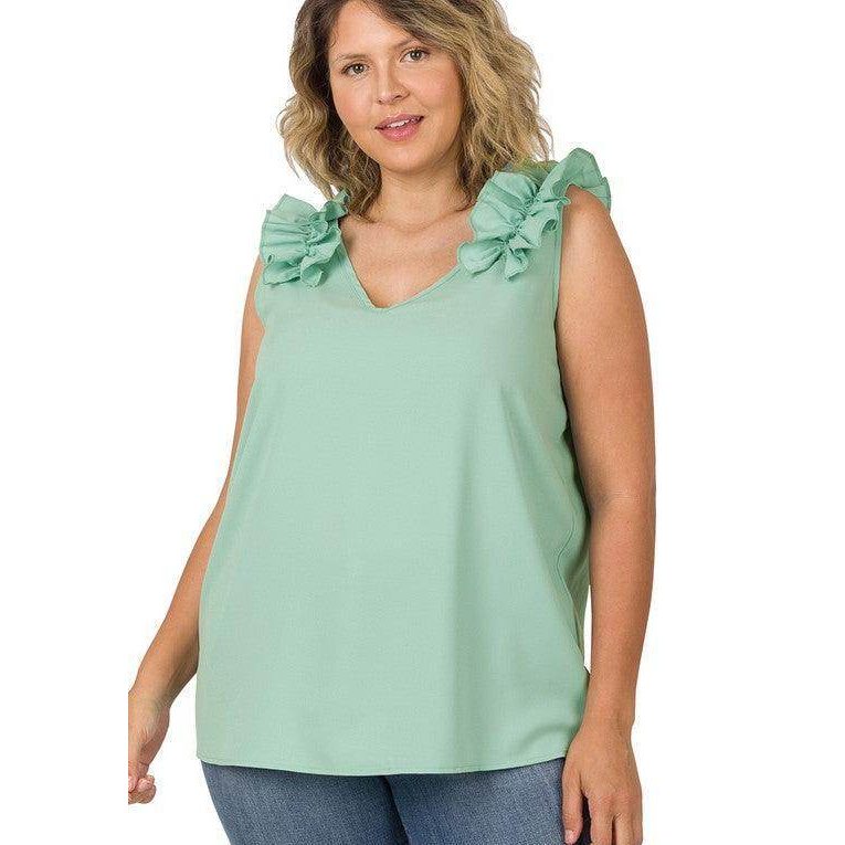 Plus size wool ruffle top in mint green featuring stylish ruffled straps for a fashionable look