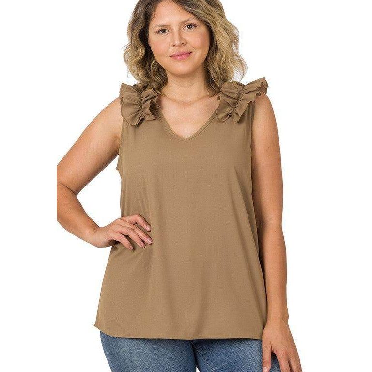 ZENANA plus size wool ruffle top in tan color with stylish ruffle sleeves and V-neck design