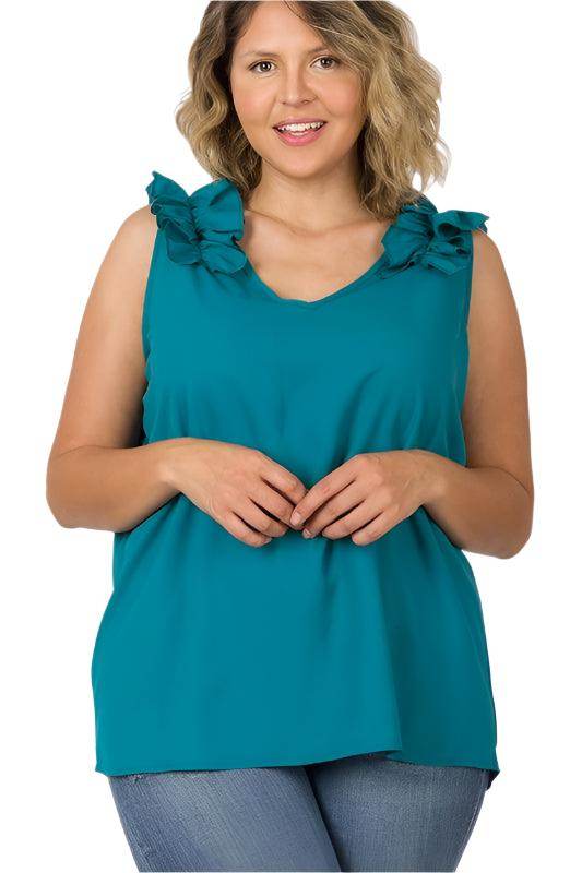 Plus size wool ruffle top by ZENANA in teal with decorative shoulder ruffles for a stylish look