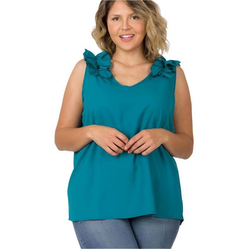 Plus size wool ruffle top by ZENANA in teal with decorative shoulder ruffles for a stylish look