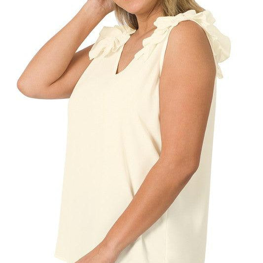 Women's Shirts Plus Size Woven Wool Dobby Ruffle Trim Sleeveless Top