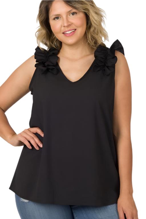 Women's Shirts Plus Size Woven Wool Dobby Ruffle Trim Sleeveless Top