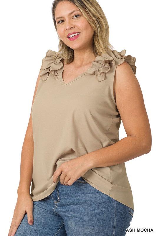 Women's Shirts Plus Size Woven Wool Dobby Ruffle Trim Sleeveless Top