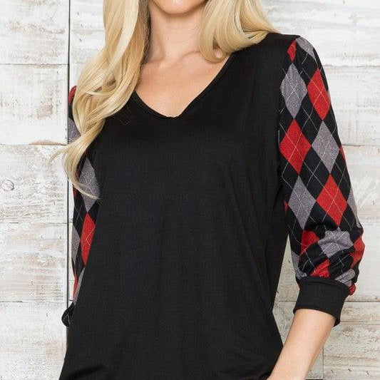 Women's Shirts Plus Solid Checker V Neck Top